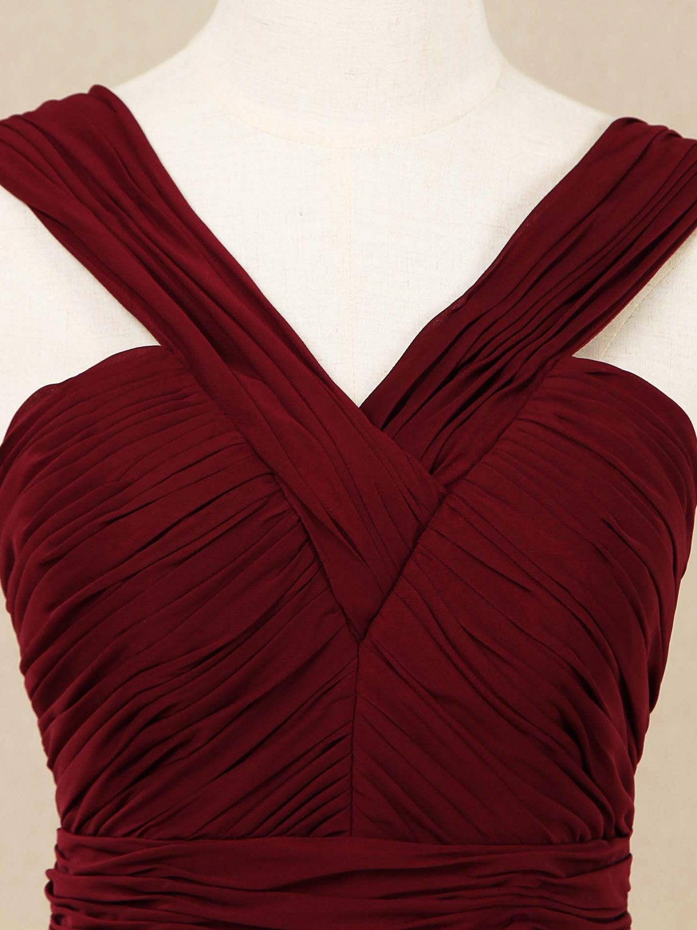 Vestido de dama de honor de gasa con escote en V, largo hasta el suelo y tirantes dobles 