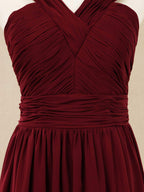 Vestido de dama de honor de gasa con escote en V, largo hasta el suelo y tirantes dobles 