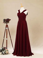 Vestido de dama de honor de gasa con escote en V, largo hasta el suelo y tirantes dobles 