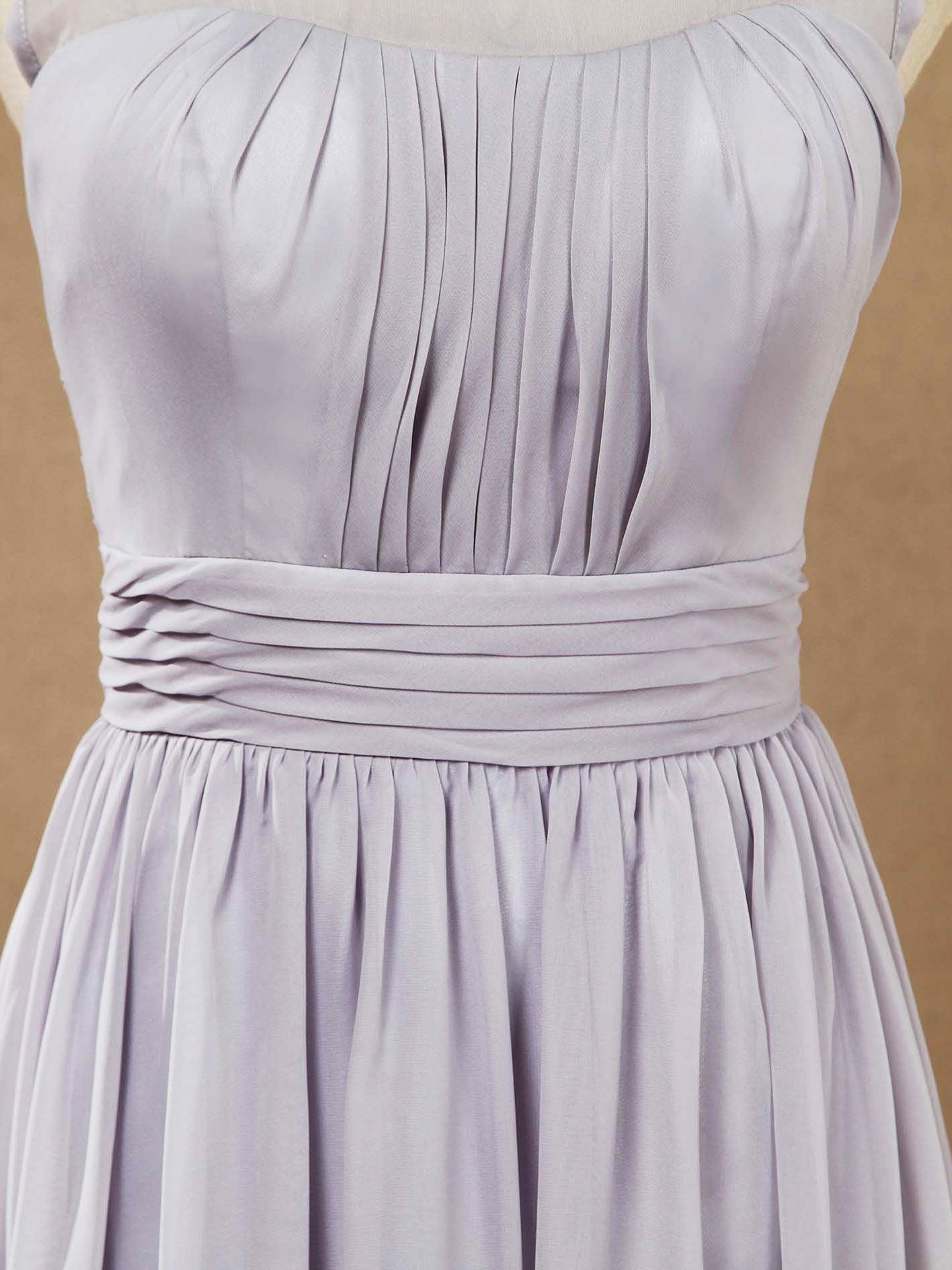 Vestido de dama de honor de gasa, corte A, largo hasta el suelo, color plateado, con escote barco y cordones, vestido de fiesta sencillo de alta calidad. 