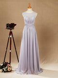 Vestido de dama de honor de gasa, corte A, largo hasta el suelo, color plateado, con escote barco y cordones, vestido de fiesta sencillo de alta calidad. 
