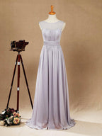 Vestido de dama de honor de gasa, corte A, largo hasta el suelo, color plateado, con escote barco y cordones, vestido de fiesta sencillo de alta calidad. 