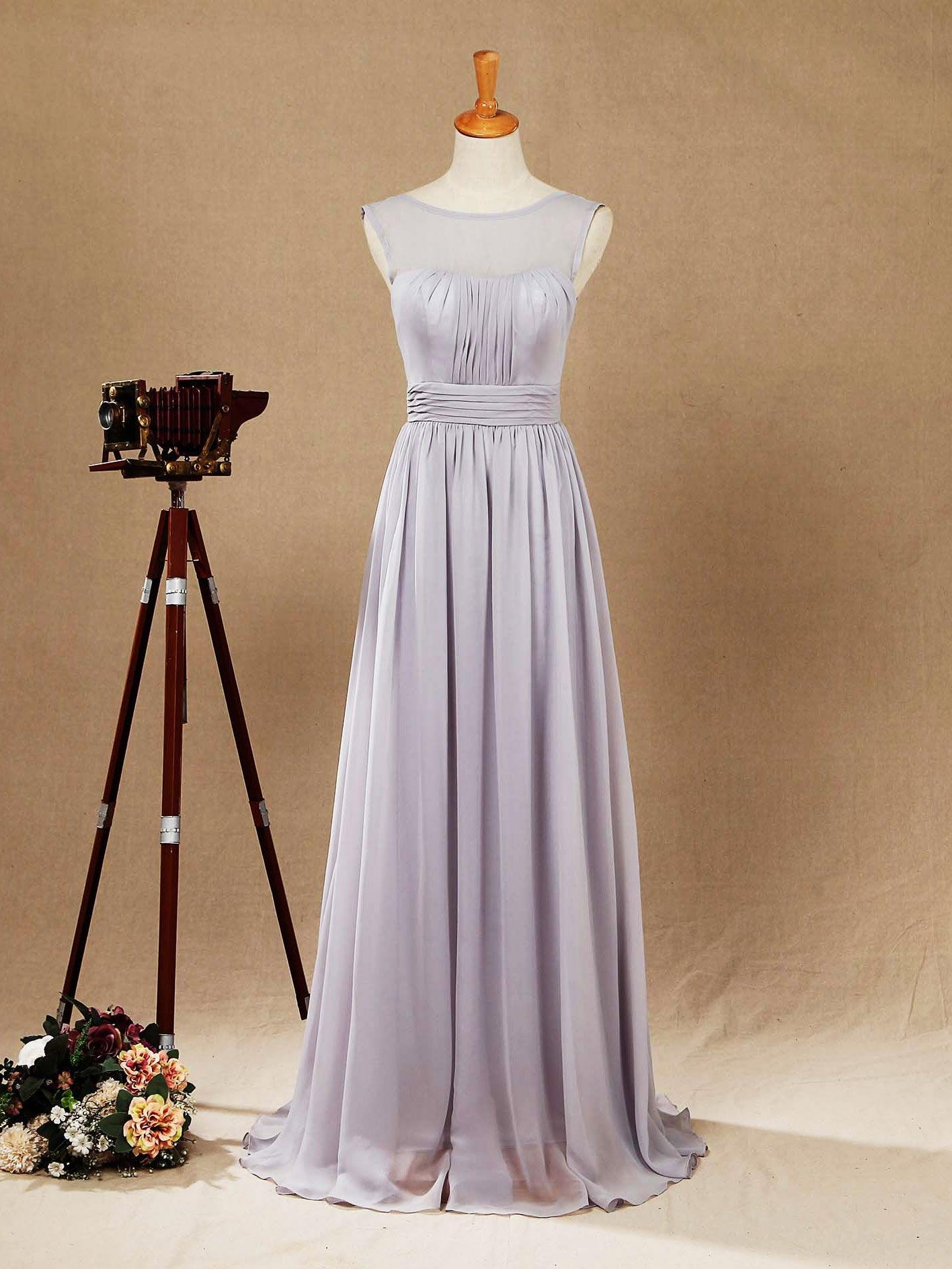 Vestido de dama de honor de gasa, corte A, largo hasta el suelo, color plateado, con escote barco y cordones, vestido de fiesta sencillo de alta calidad. 