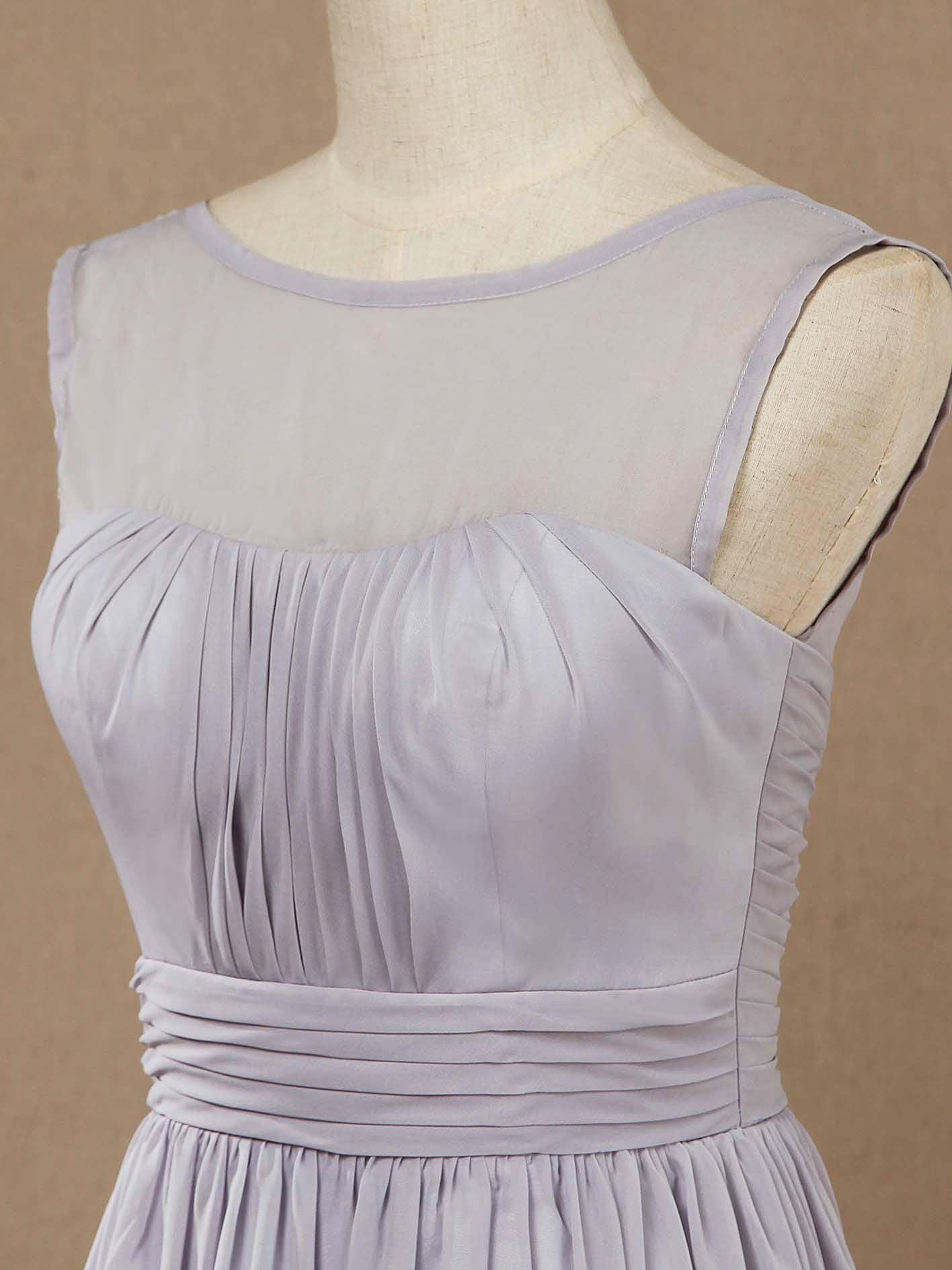 Vestido de dama de honor de gasa, corte A, largo hasta el suelo, color plateado, con escote barco y cordones, vestido de fiesta sencillo de alta calidad. 