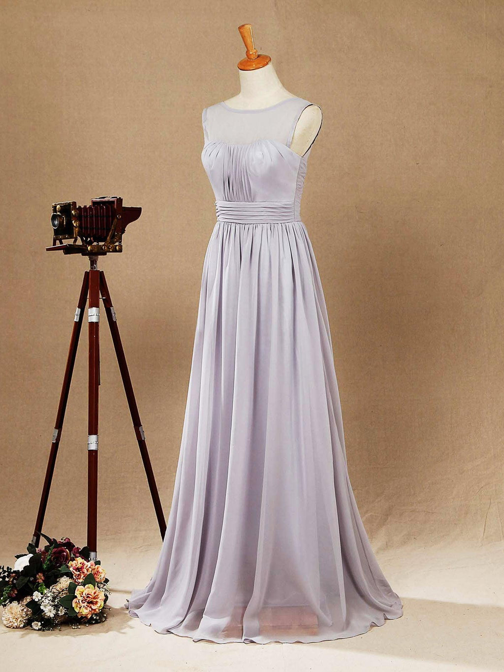 Vestido de dama de honor de gasa, corte A, largo hasta el suelo, color plateado, con escote barco y cordones, vestido de fiesta sencillo de alta calidad. 