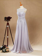 Vestido de dama de honor de gasa, corte A, largo hasta el suelo, color plateado, con escote barco y cordones, vestido de fiesta sencillo de alta calidad. 
