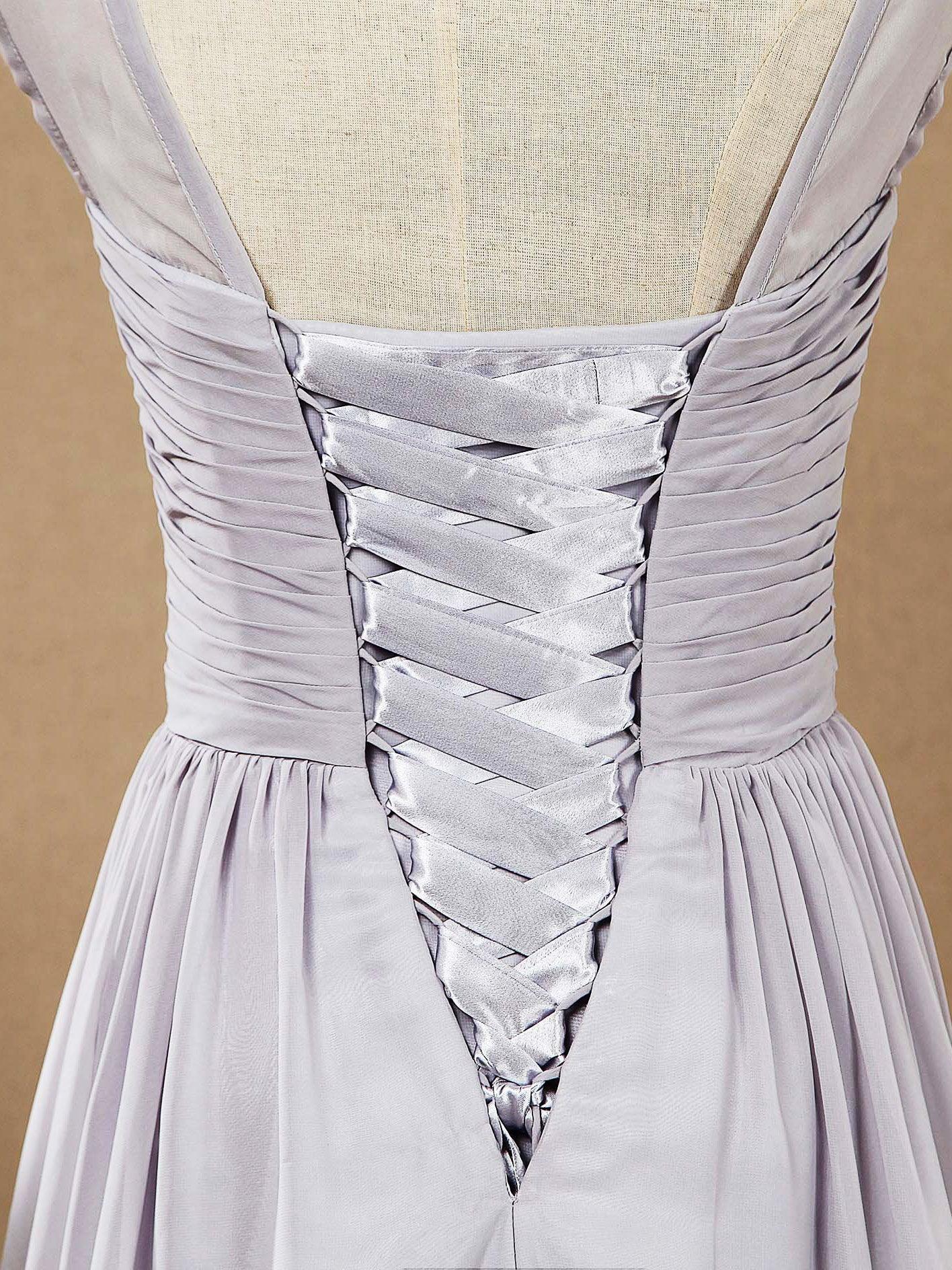 Vestido de dama de honor de gasa, corte A, largo hasta el suelo, color plateado, con escote barco y cordones, vestido de fiesta sencillo de alta calidad. 