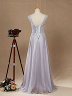 Vestido de dama de honor de gasa, corte A, largo hasta el suelo, color plateado, con escote barco y cordones, vestido de fiesta sencillo de alta calidad. 