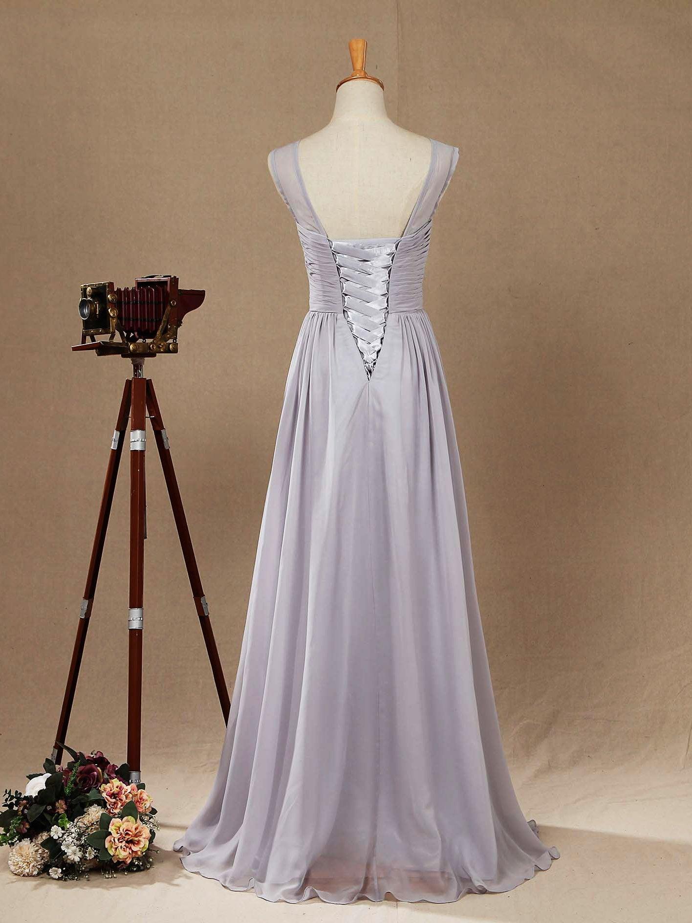 Vestido de dama de honor de gasa, corte A, largo hasta el suelo, color plateado, con escote barco y cordones, vestido de fiesta sencillo de alta calidad. 