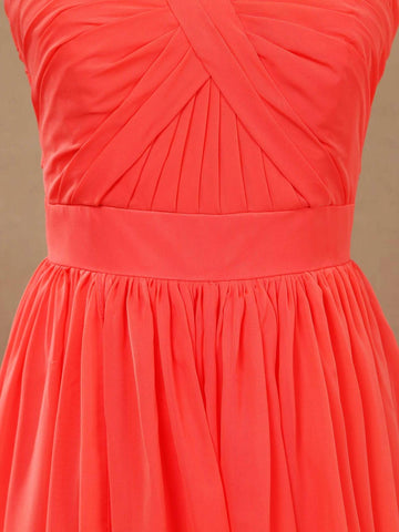Vestido convertible de dama de honor de gasa coral, corte A, un hombro, cuello halter, sin tirantes, escote corazón 