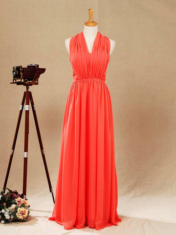 Vestido convertible de dama de honor de gasa coral, corte A, un hombro, cuello halter, sin tirantes, escote corazón 