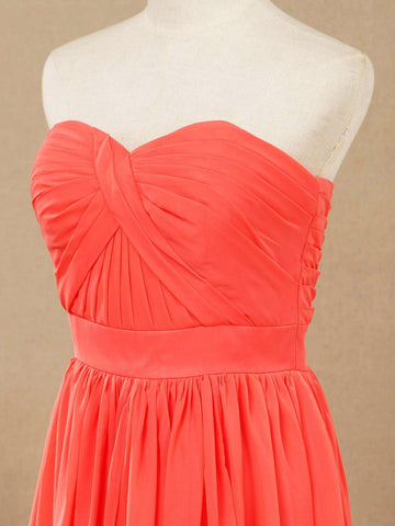 Vestido convertible de dama de honor de gasa coral, corte A, un hombro, cuello halter, sin tirantes, escote corazón 