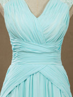Vestido de noche formal de gasa con escote en V, largo hasta el suelo y tirantes de encaje 