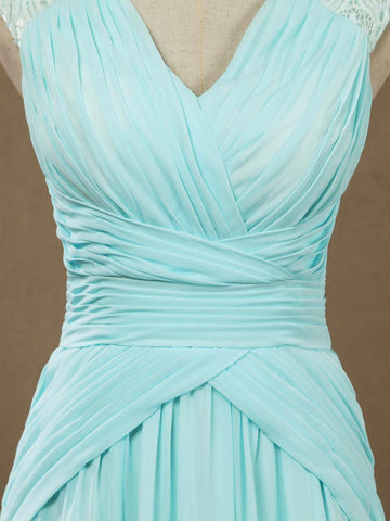 A-Line V-neck Floor Length Chiffon Formal Evening Dress with Lace Shoulder Straps