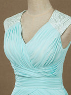 Vestido de noche formal de gasa con escote en V, largo hasta el suelo y tirantes de encaje 
