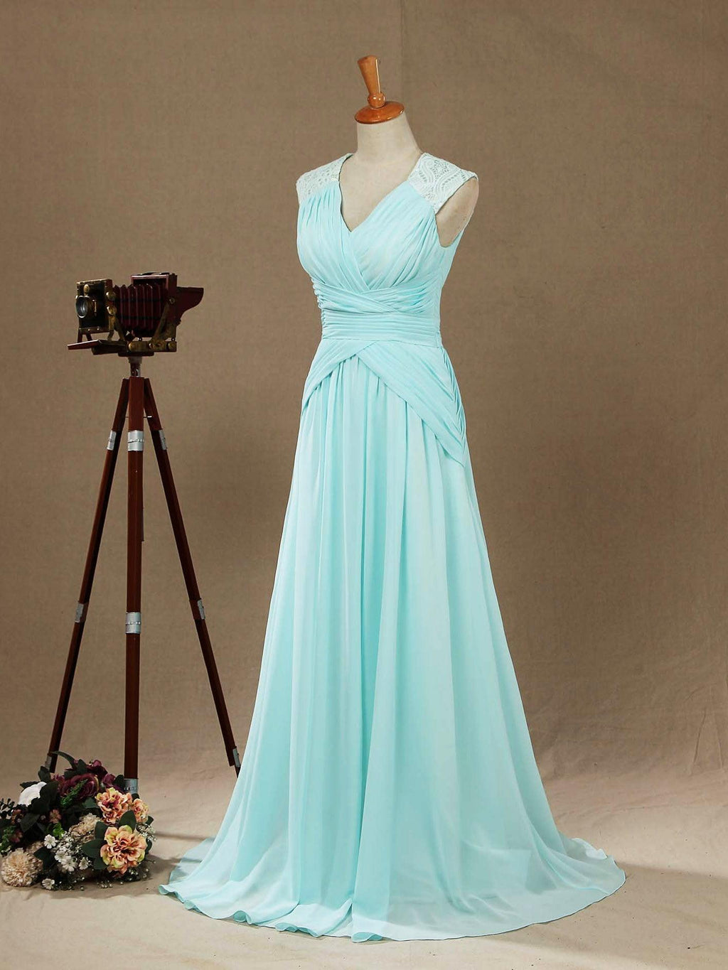 Vestido de noche formal de gasa con escote en V, largo hasta el suelo y tirantes de encaje 