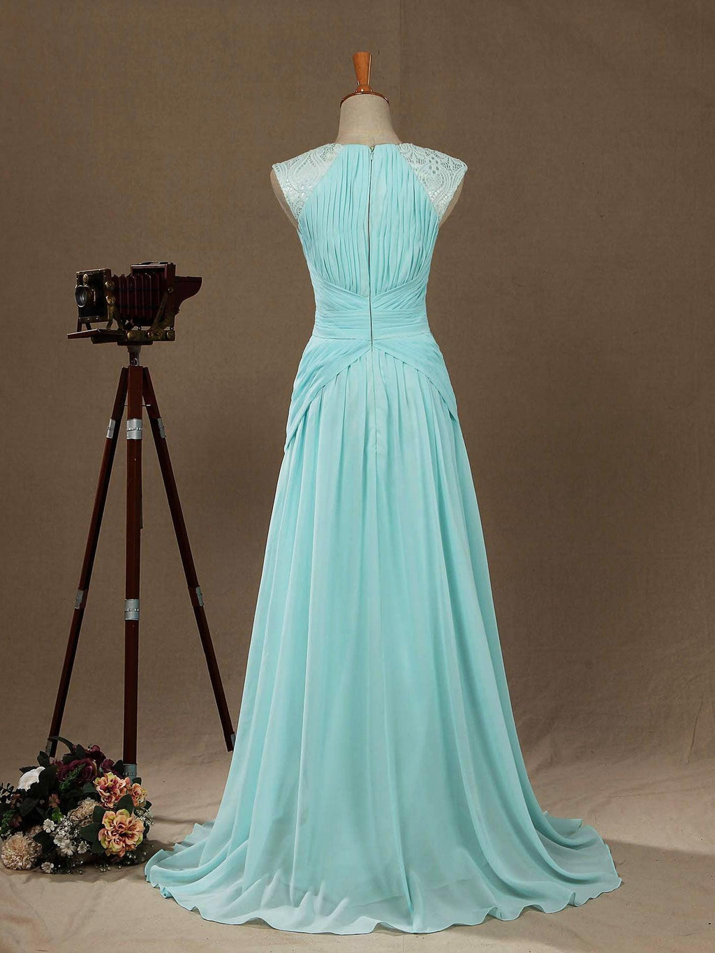 Vestido de noche formal de gasa con escote en V, largo hasta el suelo y tirantes de encaje 