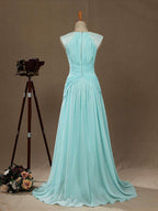 Vestido de noche formal de gasa con escote en V, largo hasta el suelo y tirantes de encaje 