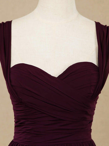 Robe de demoiselle d'honneur trapèze en mousseline de soie, longueur au sol, bretelles et décolleté en cœur 