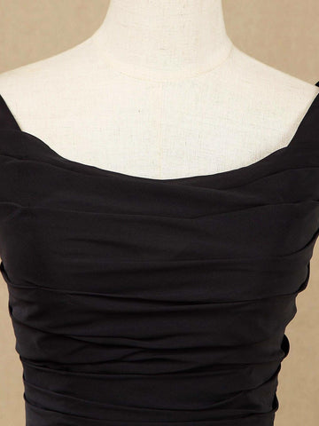 Vestido de dama de honor de gasa con escote redondo, largo hasta el suelo, espalda desbocada y pliegues fruncidos 