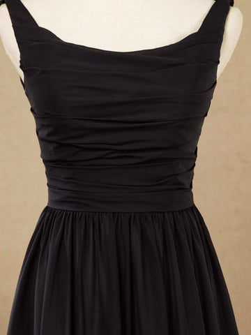 Vestido de dama de honor de gasa con escote redondo, largo hasta el suelo, espalda desbocada y pliegues fruncidos 