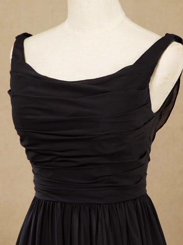 Vestido de dama de honor de gasa con escote redondo, largo hasta el suelo, espalda desbocada y pliegues fruncidos 