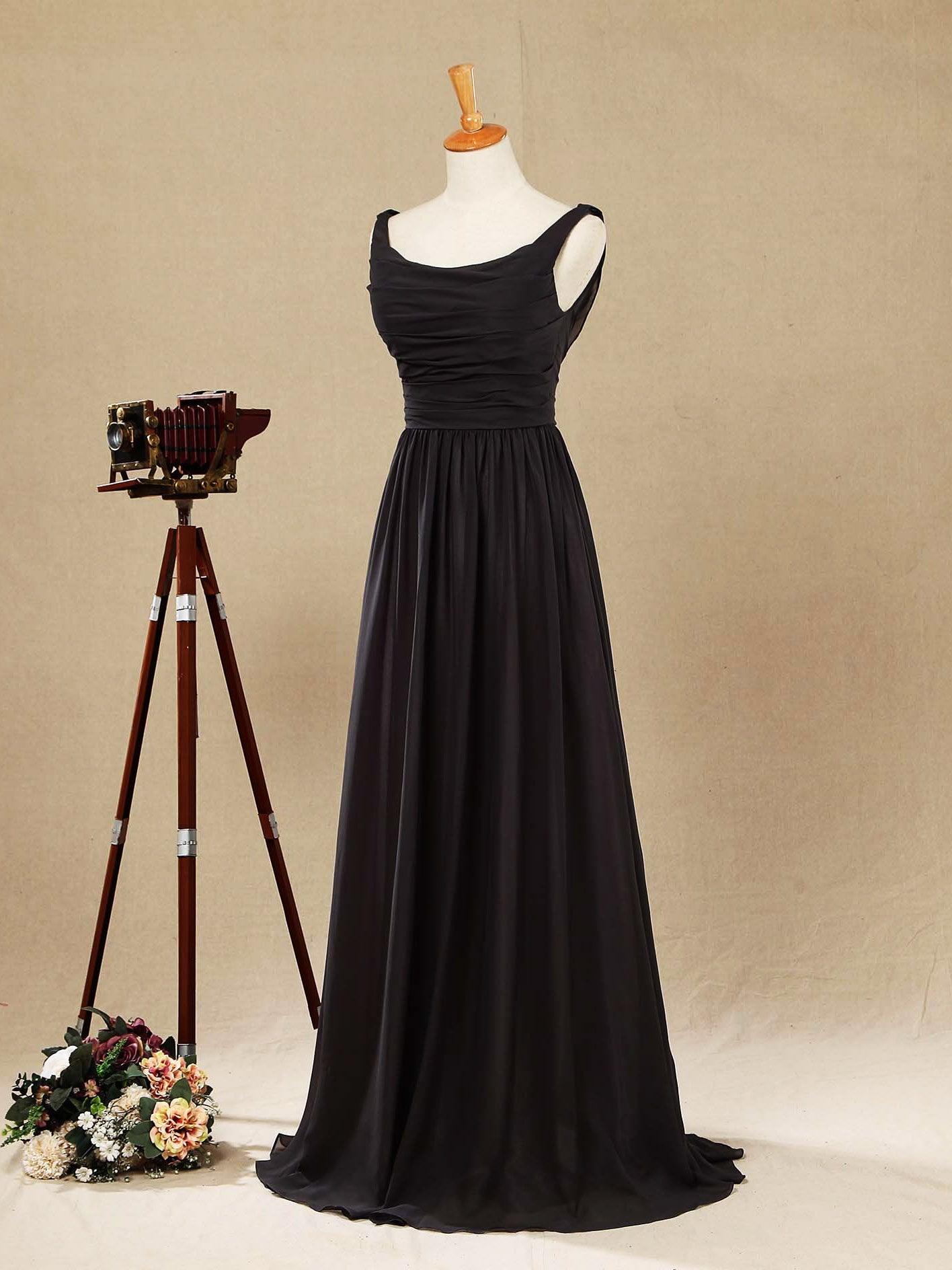 Vestido de dama de honor de gasa con escote redondo, largo hasta el suelo, espalda desbocada y pliegues fruncidos 