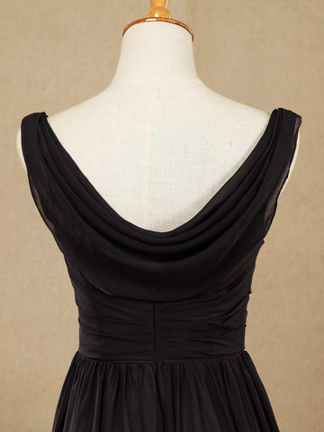 Vestido de dama de honor de gasa con escote redondo, largo hasta el suelo, espalda desbocada y pliegues fruncidos 