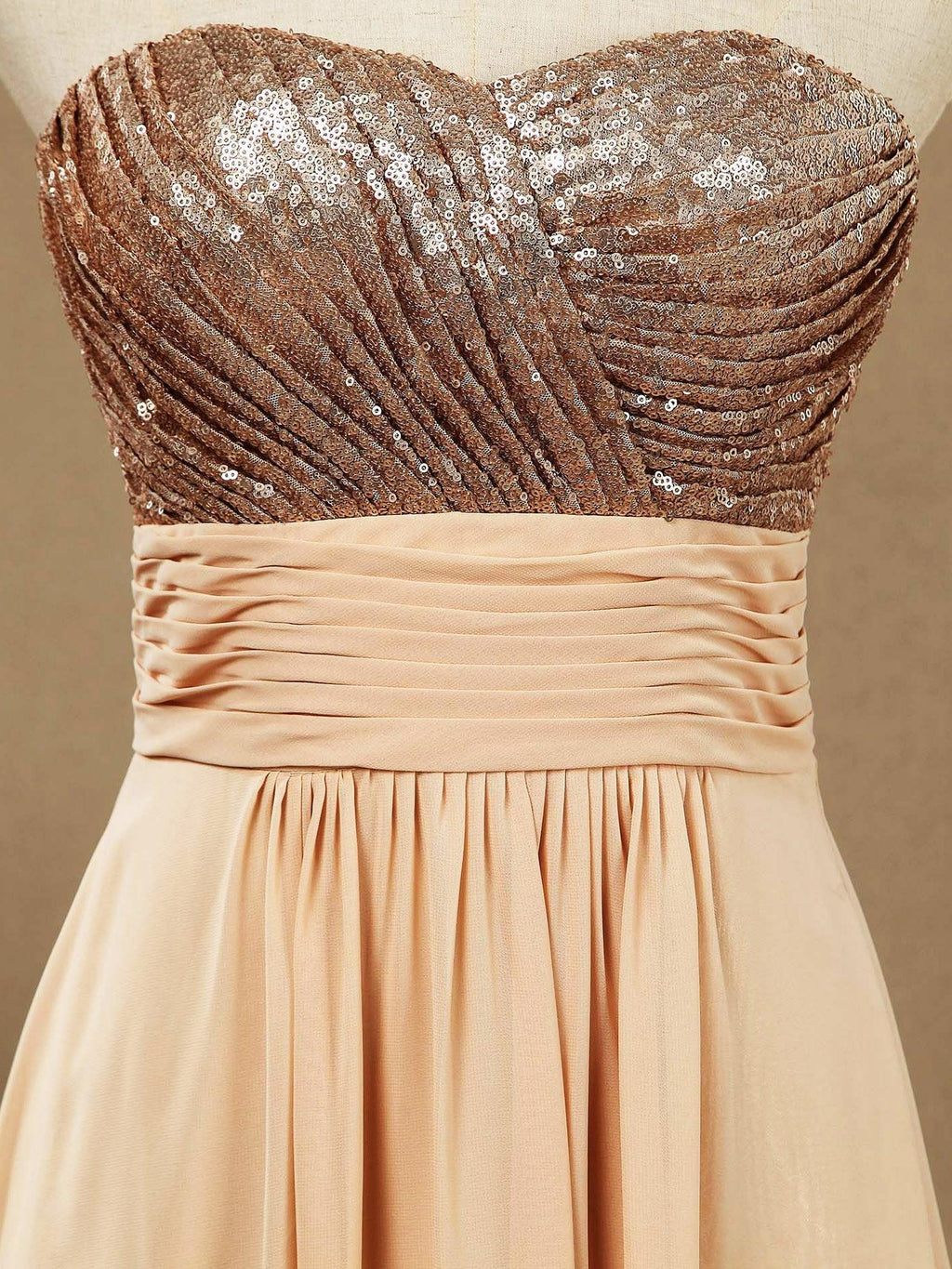 Vestido de dama de honor de corte A con lentejuelas en oro rosa, de gasa, largo hasta el suelo y escote corazón 