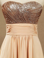Vestido de dama de honor de corte A con lentejuelas en oro rosa, de gasa, largo hasta el suelo y escote corazón 