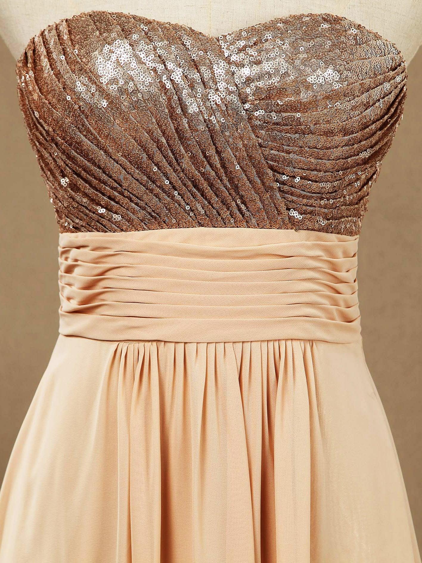 Vestido de dama de honor de corte A con lentejuelas en oro rosa, de gasa, largo hasta el suelo y escote corazón 