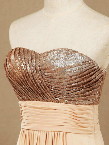 Vestido de dama de honor de corte A con lentejuelas en oro rosa, de gasa, largo hasta el suelo y escote corazón 