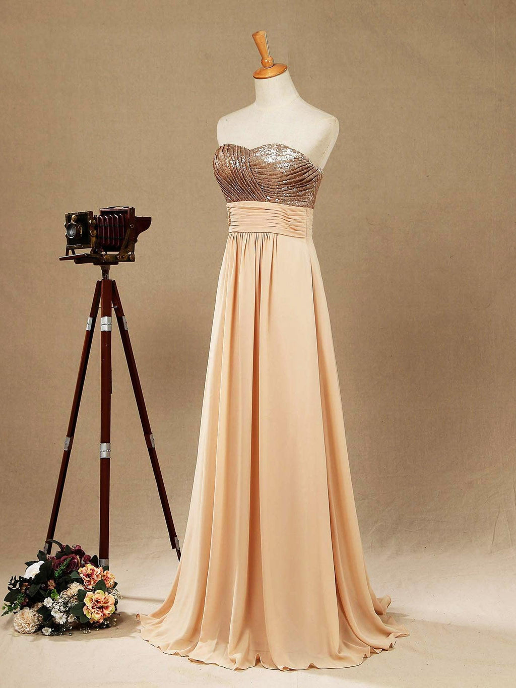 Vestido de dama de honor de corte A con lentejuelas en oro rosa, de gasa, largo hasta el suelo y escote corazón 