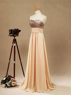 Vestido de dama de honor de corte A con lentejuelas en oro rosa, de gasa, largo hasta el suelo y escote corazón 