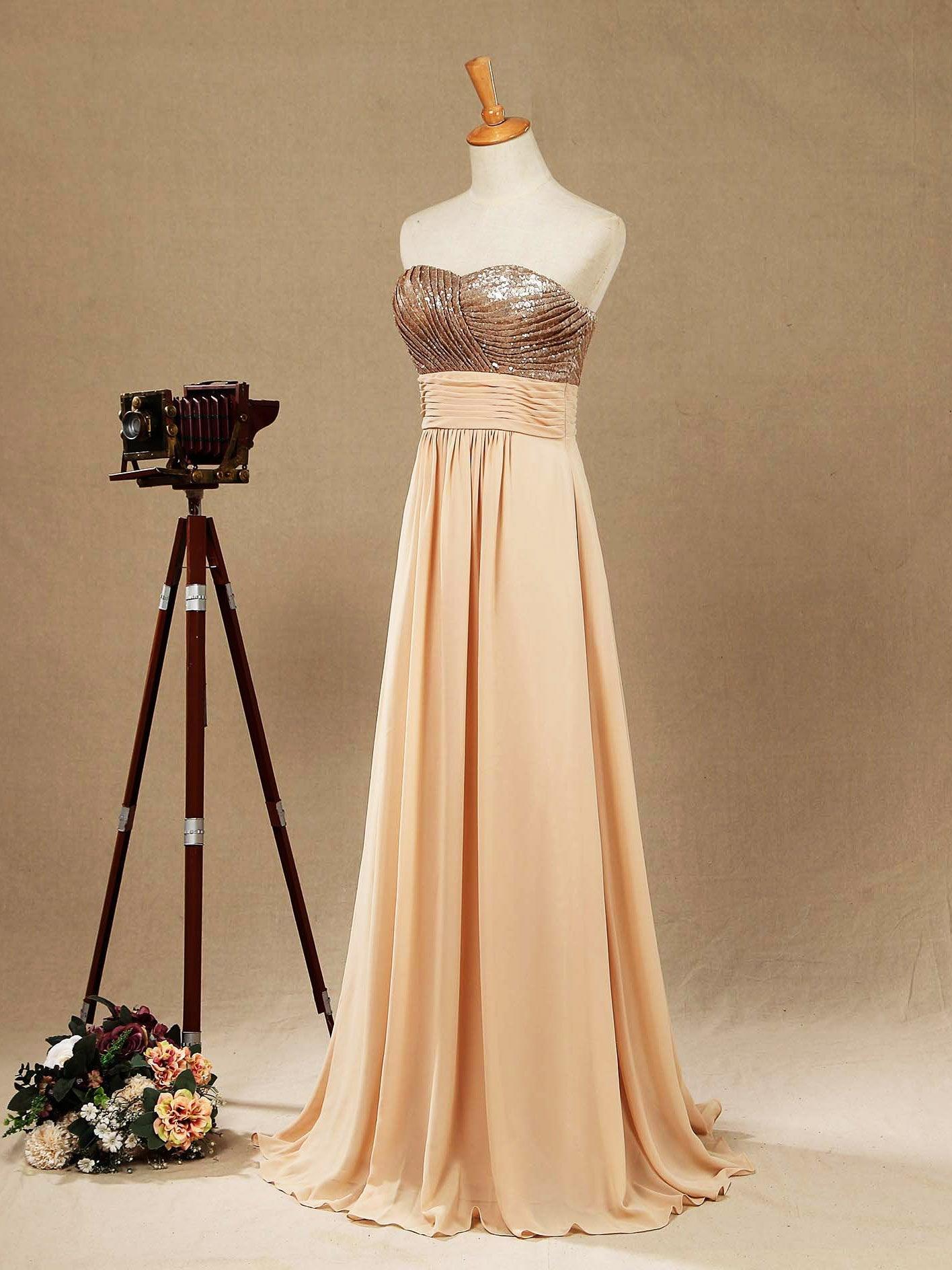 Vestido de dama de honor de corte A con lentejuelas en oro rosa, de gasa, largo hasta el suelo y escote corazón 