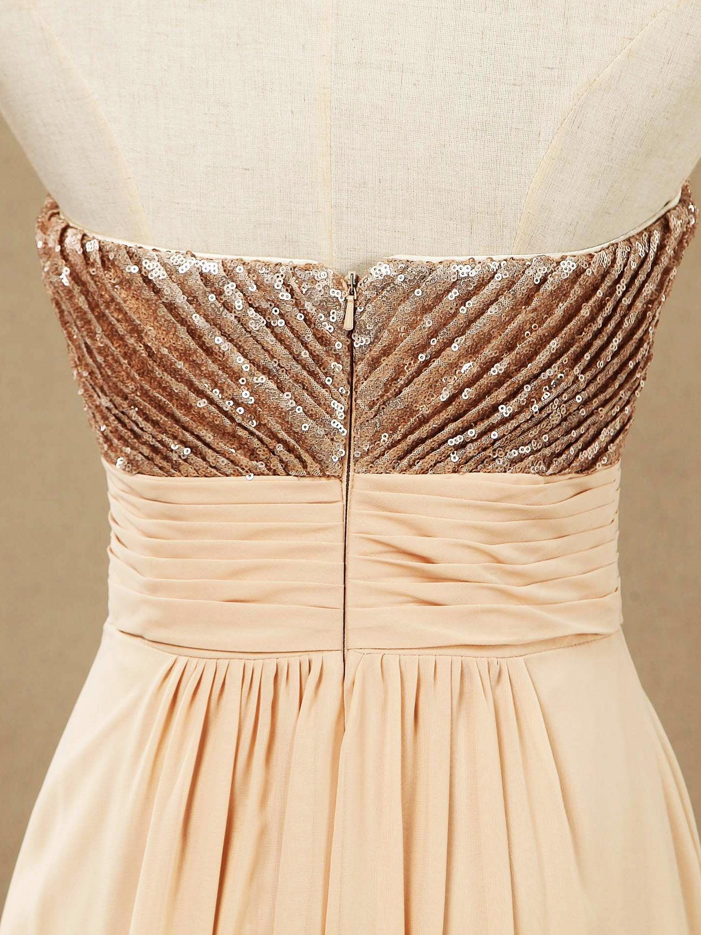 Vestido de dama de honor de corte A con lentejuelas en oro rosa, de gasa, largo hasta el suelo y escote corazón 