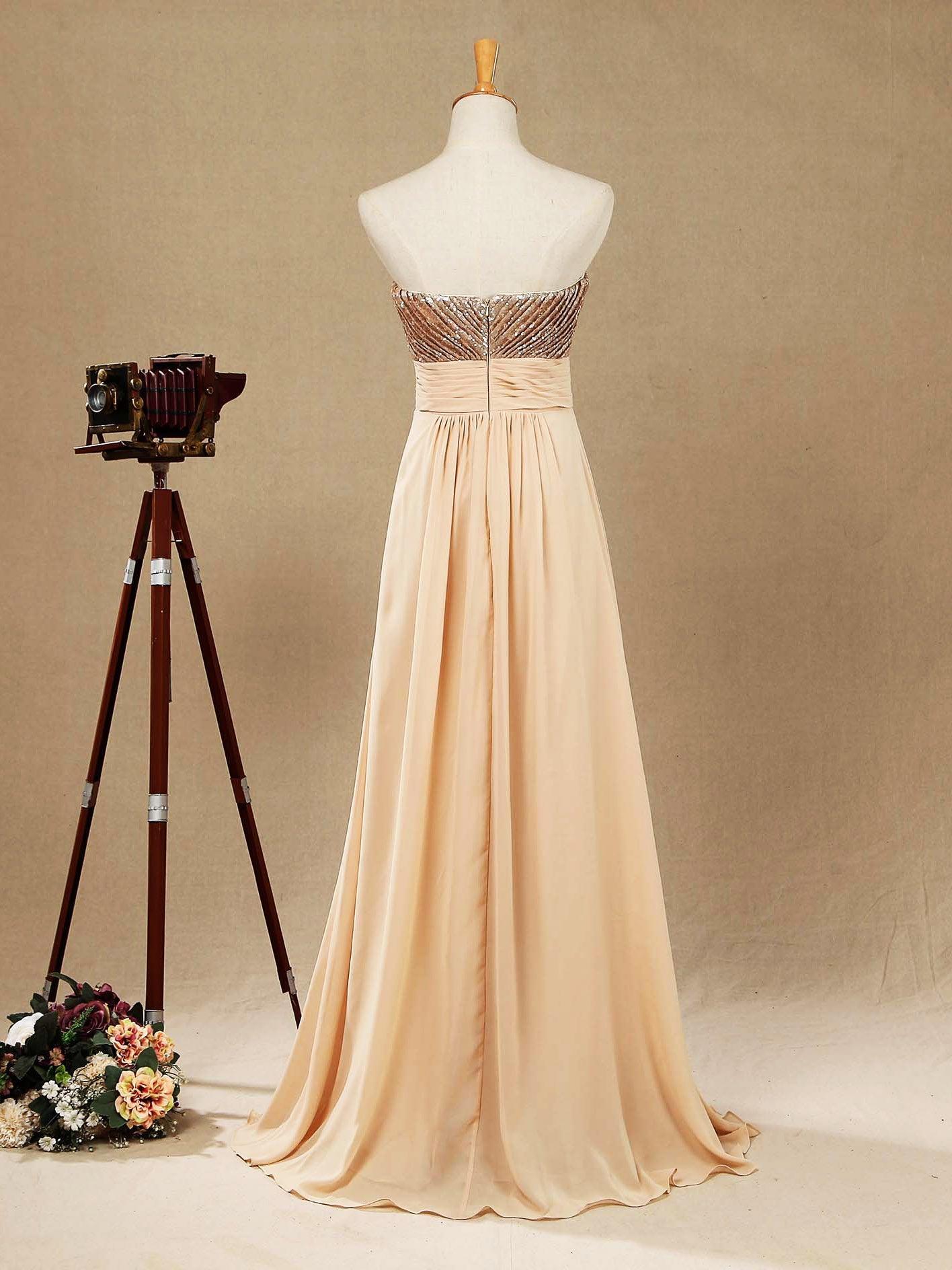Vestido de dama de honor de corte A con lentejuelas en oro rosa, de gasa, largo hasta el suelo y escote corazón 
