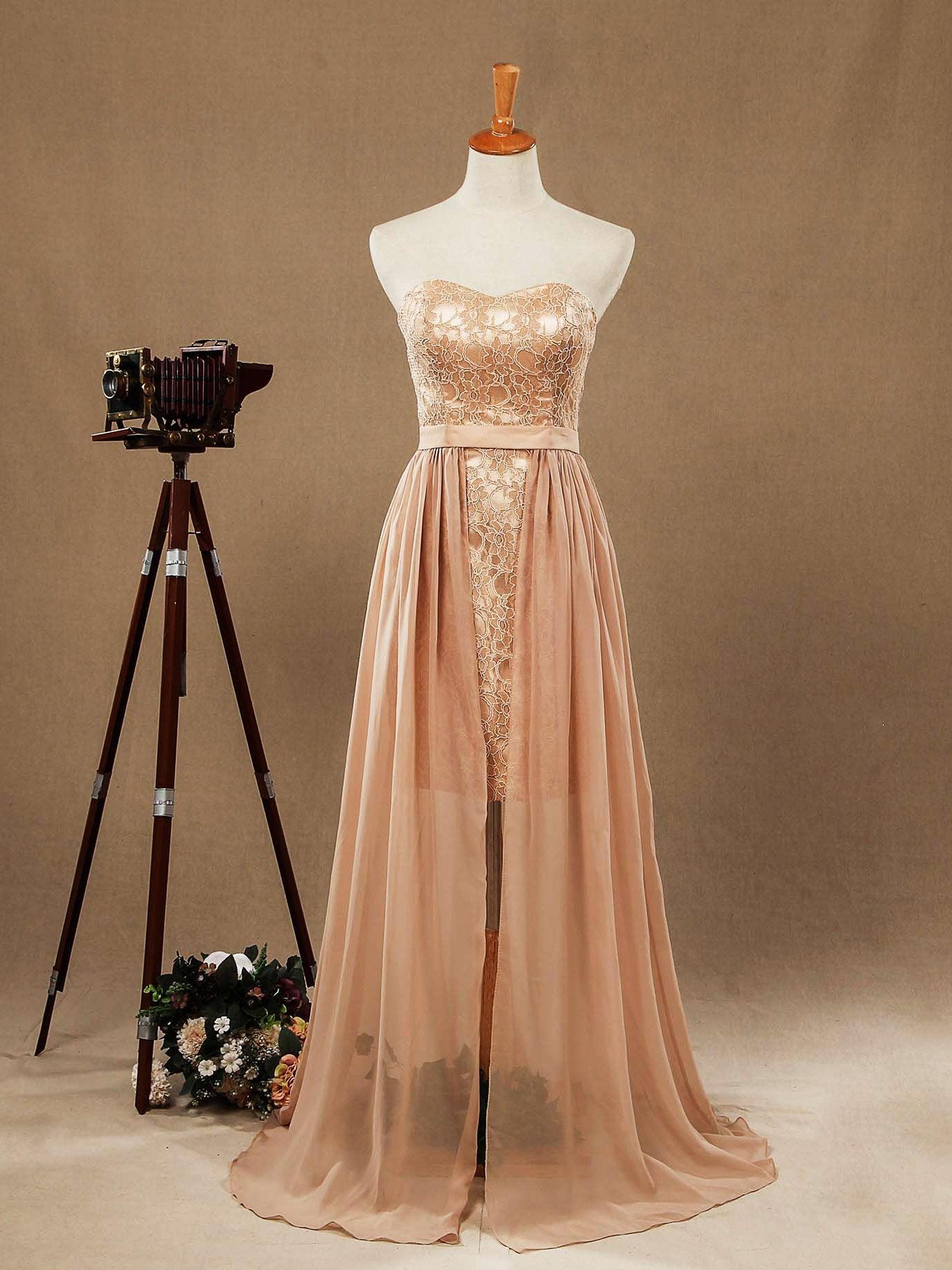 Vestido Baoleely de fiesta de cóctel sin tirantes, con columna y encaje corto, largo de gasa con solapa 