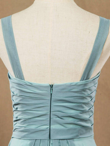 Vestidos de dama de honor largos de gasa con corte A y tirantes azul polvoriento con escote en V 