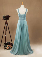 Vestidos de dama de honor largos de gasa con corte A y tirantes azul polvoriento con escote en V 