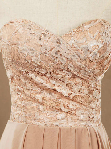 Vestidos de dama de honor de gasa con encaje, corte A, largo hasta el suelo, escote corazón, sin tirantes 