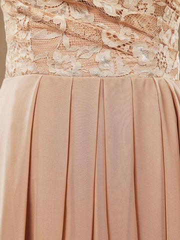 Vestidos de dama de honor de gasa con encaje, corte A, largo hasta el suelo, escote corazón, sin tirantes 