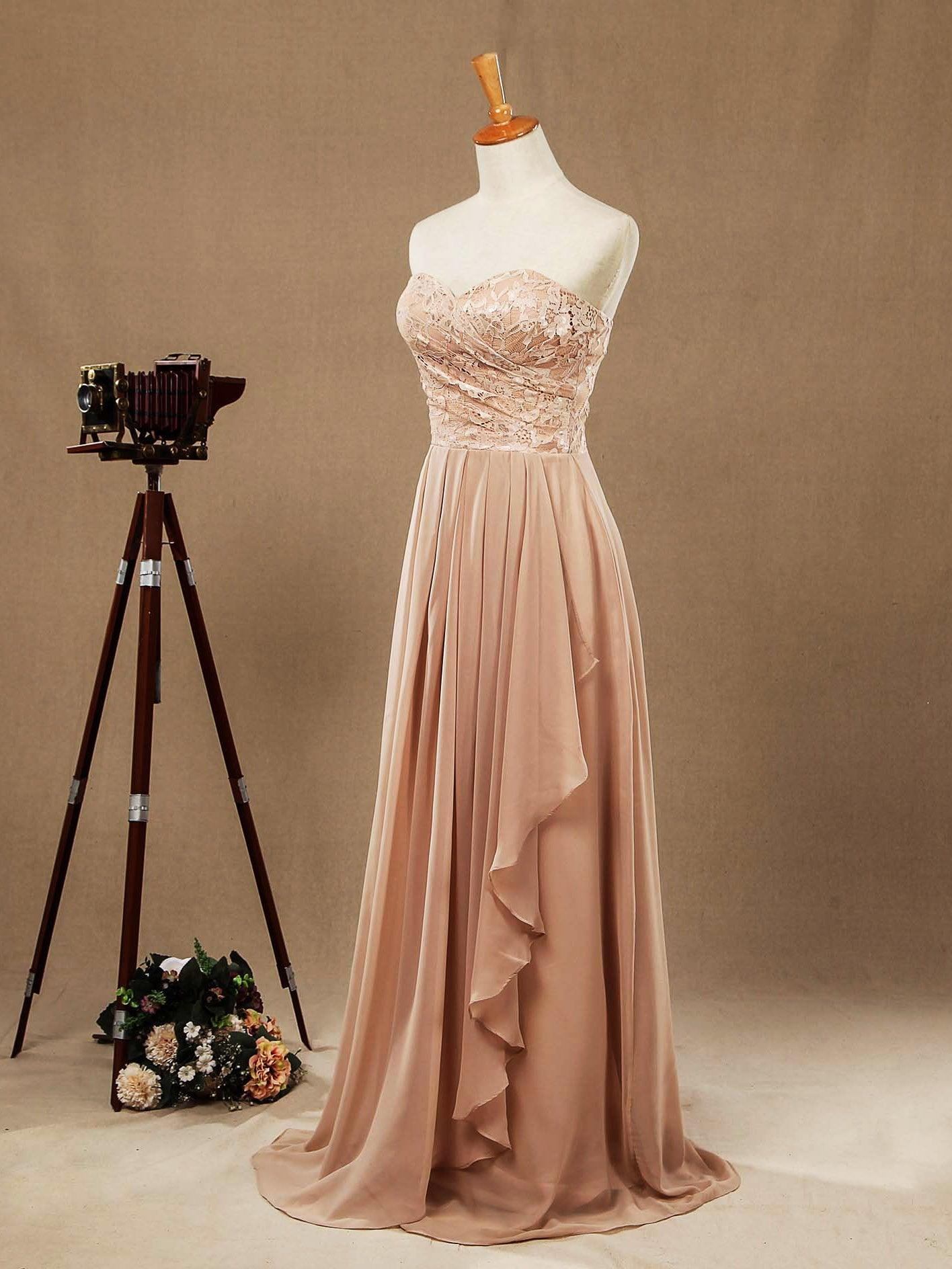 Vestidos de dama de honor de gasa con encaje, corte A, largo hasta el suelo, escote corazón, sin tirantes 
