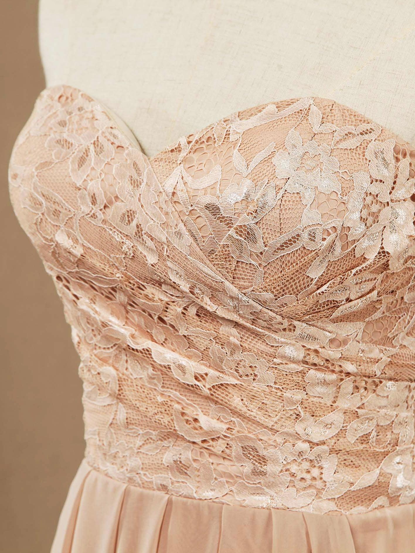 Vestidos de dama de honor de gasa con encaje, corte A, largo hasta el suelo, escote corazón, sin tirantes 