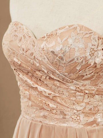 Vestidos de dama de honor de gasa con encaje, corte A, largo hasta el suelo, escote corazón, sin tirantes 