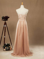 Vestidos de dama de honor de gasa con encaje, corte A, largo hasta el suelo, escote corazón, sin tirantes 