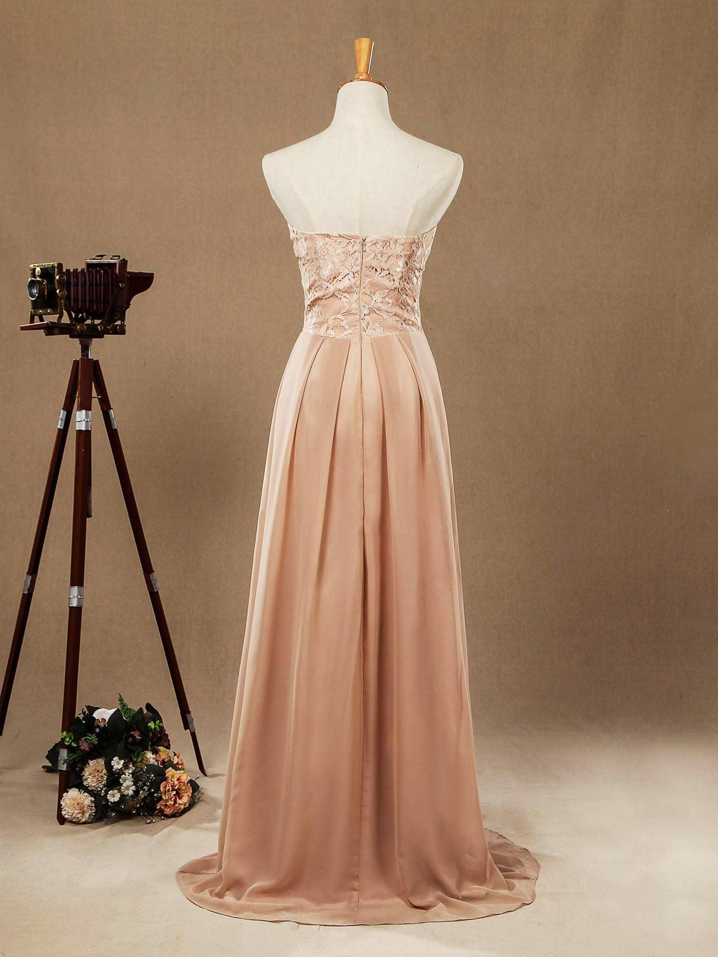 Vestidos de dama de honor de gasa con encaje, corte A, largo hasta el suelo, escote corazón, sin tirantes 