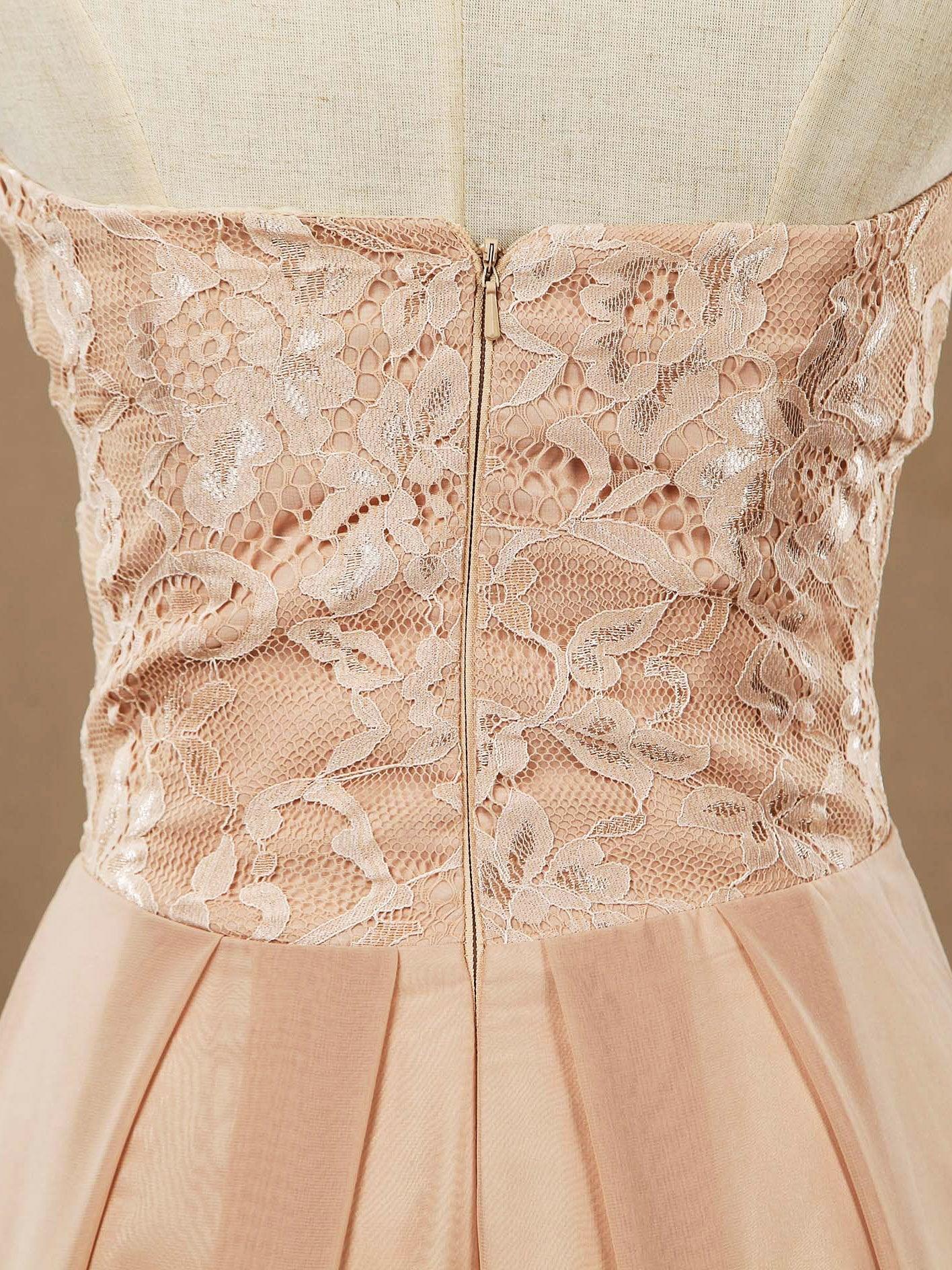 Vestidos de dama de honor de gasa con encaje, corte A, largo hasta el suelo, escote corazón, sin tirantes 