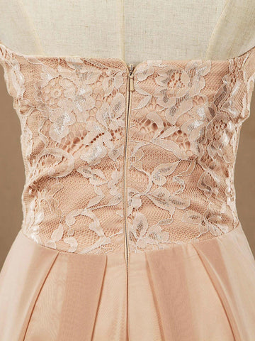 Vestidos de dama de honor de gasa con encaje, corte A, largo hasta el suelo, escote corazón, sin tirantes 