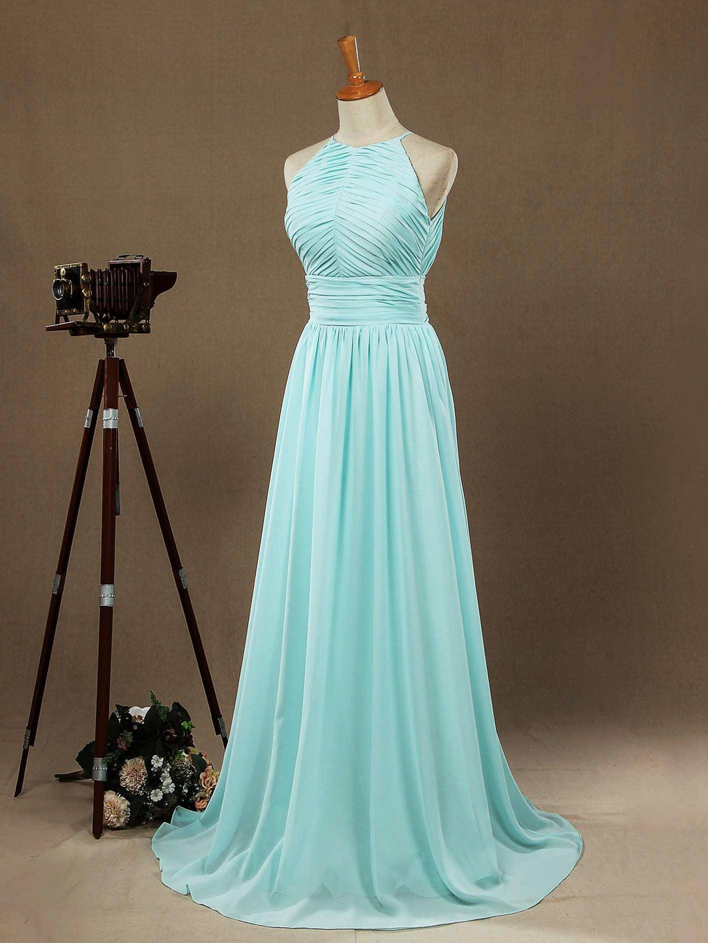 Baoleely Chiffon Floor Length Prom Dresses A-Line Halter Open Back Pleats